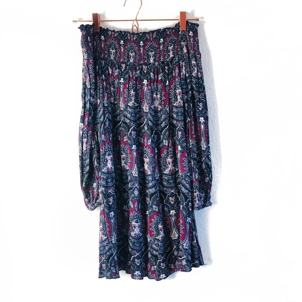 Band of Gypsies Navy and Burgundy Off‑Shoulder Paisley Dress